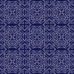 Japanese stitch Sashiko embroidery indigo white abstract artwork seamless geometric pattern printed background fabric wallpaper hand drawn line

