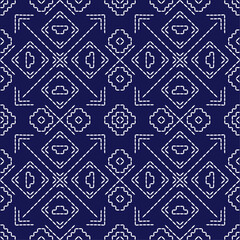 Japanese stitch Sashiko embroidery indigo white abstract artwork seamless geometric pattern printed background fabric wallpaper hand drawn line


