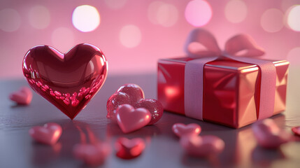 Obraz premium The pink gift box on the table, wrapped in ribbon