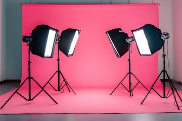 Photo of studio lighting equipment in a pink room, with four softbox lights and flash lights. Studio background for professional photography or video production, Generative AI
