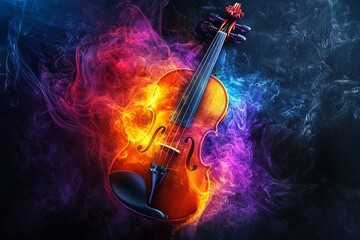 Fototapeta premium A violin surrounded by swirling colorful smoke, creating a mystical and artistic atmosphere with vibrant hues and soft lighting.
