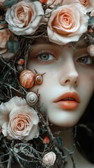 A close-up photograph of a woman's face surrounded by flowers and snails.