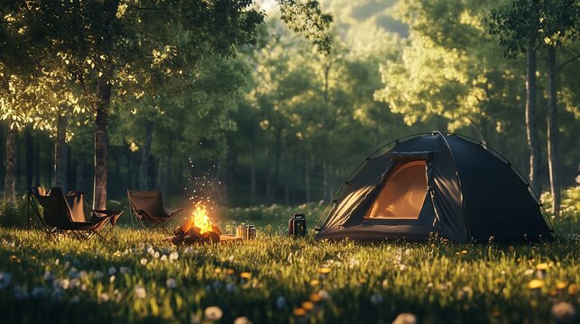 Serene forest campsite sunrise; campfire, tent, chairs. Ideal for travel, nature, or adventure blogs