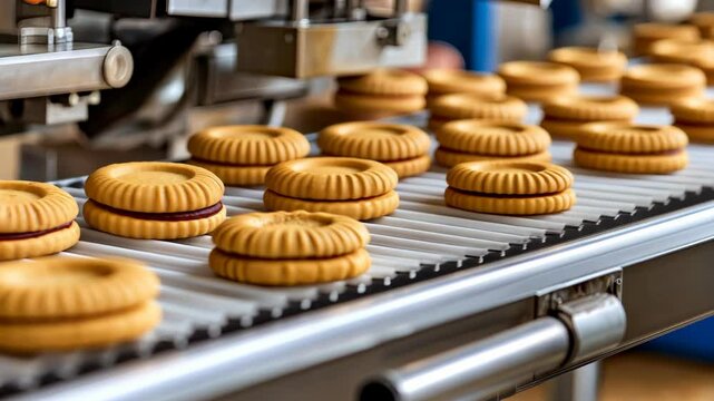 Observe the process of cookie production as golden-brown treats move along a conveyor system in an industrial setting