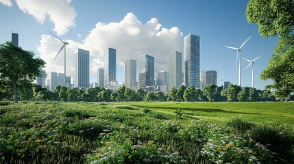 Obraz premium Green city park, wind turbines, cityscape, sunny day, eco-friendly