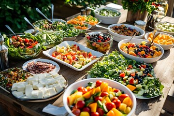 Fototapeta premium A lovely and colorful delicious food table with many different dishes of fresh vegetables, fruits, cheese salad in white bowls on an outdoor dining area with greenery and sunlight, Generative AI