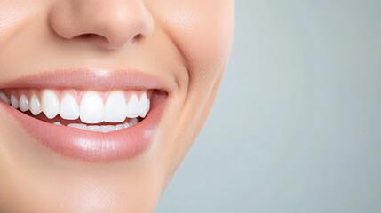Fototapeta premium Close up of a perfect smile with white teeth, emphasizing the concept of dental health, cosmetology, and lip augmentation in the beauty industry