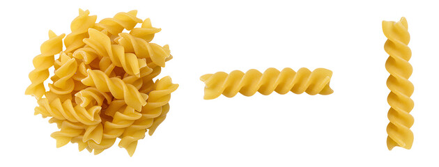 Fusilli pasta set PNG. yellow fusilli pasta top view png. Italian fusilli pasta flat lay isolated. Italian cuisine and food
