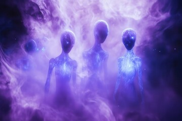 ethereal bioluminescent aliens with translucent skin and crystalline features emerge from a misty purple nebula, their elegant forms silhouetted against swirling cosmic gases