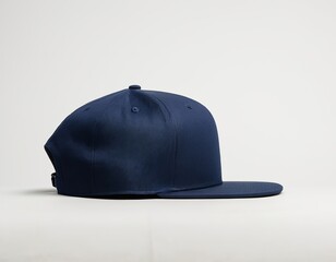 Fototapeta premium A stylish navy blue snapback hat positioned for a side profile shot.