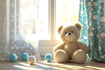 A cute teddy bear toy is sitting on the floor in front of a window with polka-dot curtains, next to colorful balls and plants, Generative AI