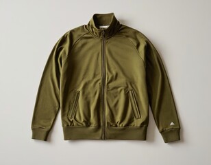 A stylish olive green zip-up jacket laid flat on a neutral background.