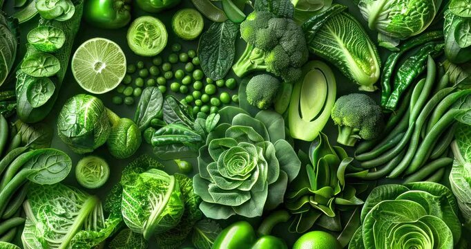 vibrant green vegetables broccoli lettuce lime slices intricate pattern dark background gradient