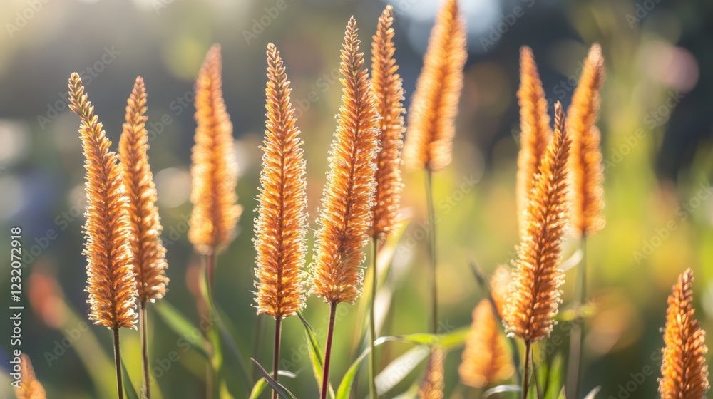 Poster warm sunlight illuminating foxtail amaranth during a stunning summer sunset, creating a captivating 
