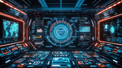 Fototapeta premium Futuristic Sci-Fi glowing HUD frame. Hologram hi-tech background. Digital Ai big data technology. Virtual reality technology innovation. Digital HUD GUI UI. Neon effect on circuit board. Vector EPS10.