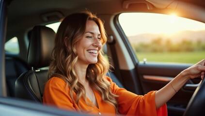 Naklejka premium Smiling Woman Driving a Car During a Scenic Sunset Drive