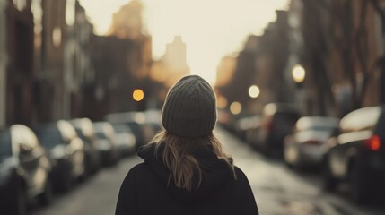 Obraz premium Woman in knit cap looking at city sunset.