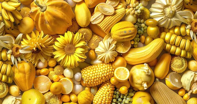 yellow fruits vegetables sunflowers corn vibrant display artistic pattern rich color textures