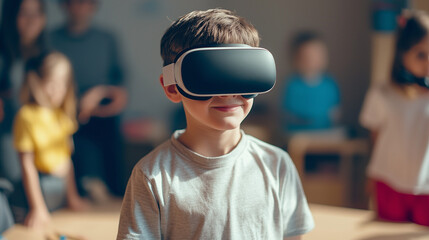 Children using VR headsets in class to explore interactive, immersive learning environments, enhancing education through the metaverse technology.