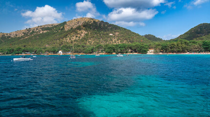 Fototapeta premium Formentor Beach, Blue Flag Beach, Formentor Peninsula, Pollensa Bay, Comarca Sierra de Tramuntana, Mediterranean Sea, Mallorca, Islas Baleares, Spain, Europe