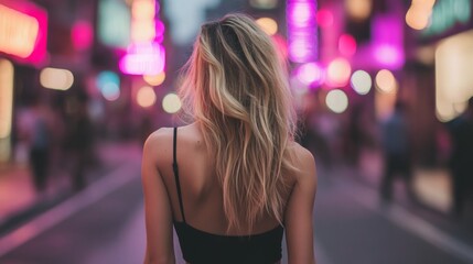 Woman with long blonde hair walking away from camera in a city street at night, with colorful lights in the background.