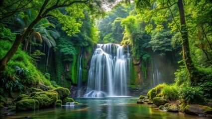 Obraz premium waterfall cascade through dense forest foliage, natural beauty