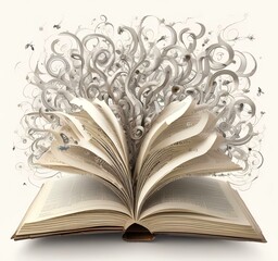 Illustration of open book pages with flying text.