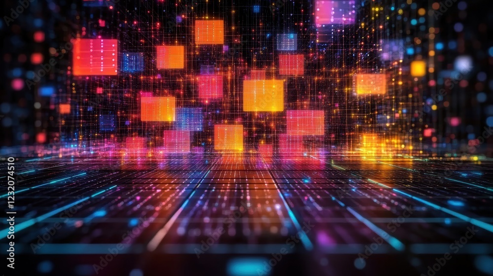Aufkleber futuristic abstract digital landscape with vibrant glowing cubes and lines, representing a high-tech
