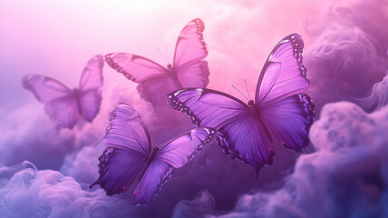 Fototapeta premium Small purple butterflies with delicate wing patterns hover in the air against a smooth light gray background, as soft wisps of smoke drift through, creating a mysterious and ethereal atmosphere.