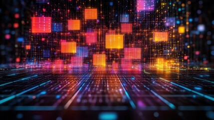 Obraz premium Futuristic abstract digital landscape with vibrant glowing cubes and lines, representing a high-tech environment full of innovation and connectivity.