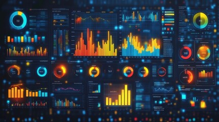 Futuristic digital dashboard with colorful graphs, charts, and data visualizations, symbolizing data analysis and information technology.