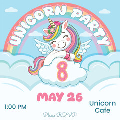 Birthday party invitation template with cute unicorn hugs cloud with number 8. Vector illustration. © Marta Vitek