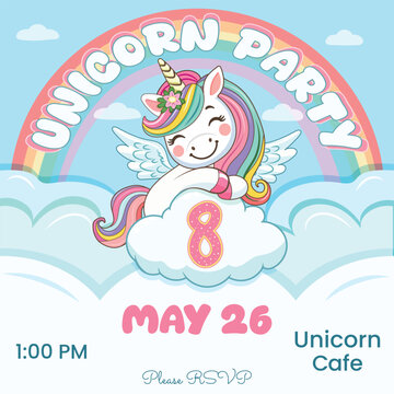 Birthday party invitation template with cute unicorn hugs cloud with number 8. Vector illustration.