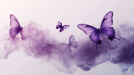 Small purple butterflies with delicate wing patterns hover in the air against a smooth light gray background, as soft wisps of smoke drift through, creating a mysterious and ethereal atmosphere.