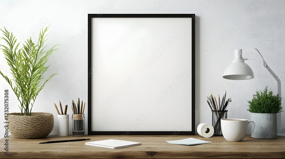 Poster minimalist and modern workspace with blank frame mock up office supplies and a small plant on a wood