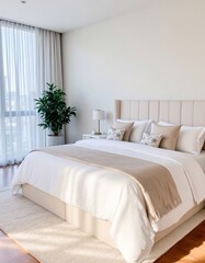Serene Bedroom with Beige Tones and Natural Light Flooding Through Sheer Curtains