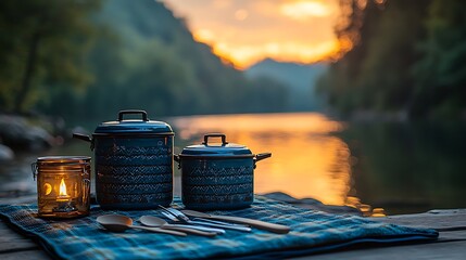 Scenic Sunset Camping Cookware Set Enamel Pots