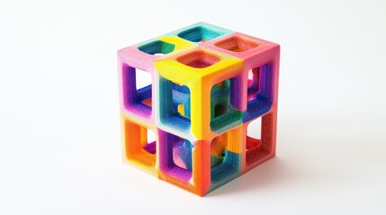 Colorful 3D-printed cube with interlocking squares.