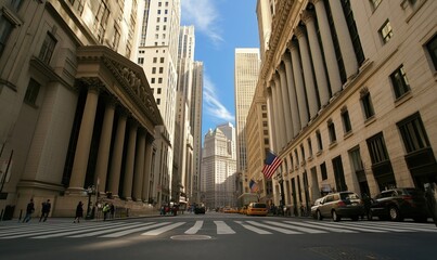Financial District Manhattan skyline with towering skyscrapers, American flags, and bustling street scene