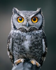 Obraz premium Close-Up of Rescued Owl with Bright Yellow Eyes Perched Calmly