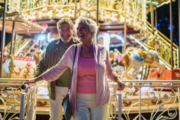 Obraz premium Happy senior couple enjoying carousel ride at night
