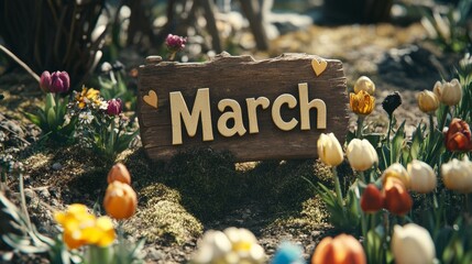 Hello, March. A rustic wooden sign announces the arrival of spring amidst a vibrant tulip garden.