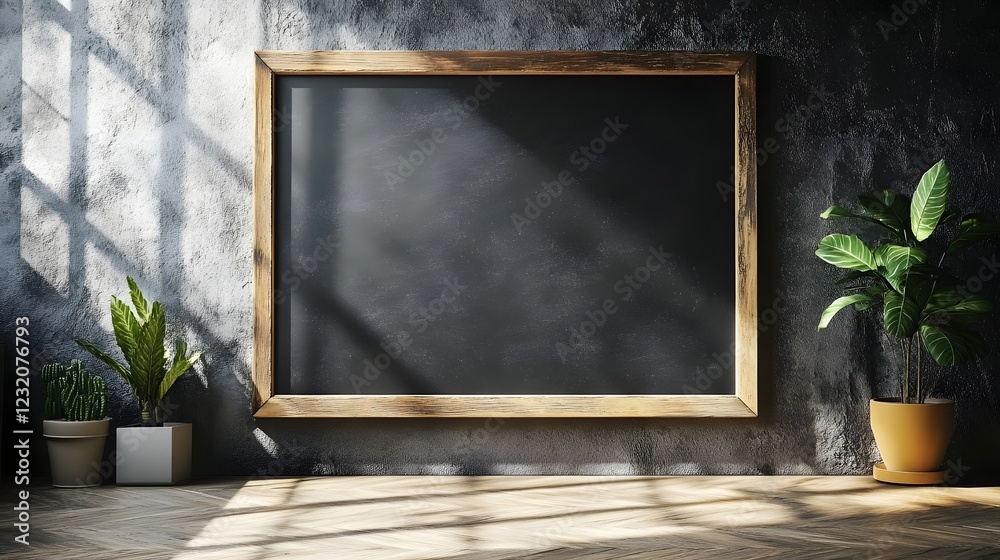 Fototapete minimalist frame mockup with a potted plant and natural light streaming through the window creating 