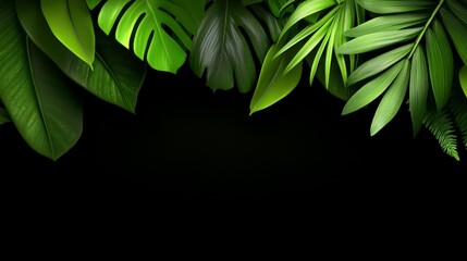 Tropical Leaf Border on Black: A vibrant and lush border of tropical leaves with a black background, creating a  sophisticated and elegant design perfect for backgrounds, overlays, and more.