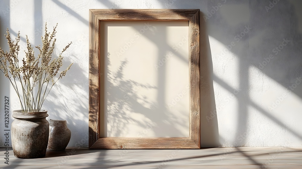 Poster minimalist wooden frame standing on a table or shelf against a plain wall with a potted plant or dri