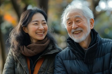 Fototapeta premium elderly healthy asian couple smile and relax in the park together