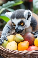Obraz premium Curious Primate Indulgence A Ring-Tailed Lemur Explores a Bounty of Vibrant, Tropical Fruit Treats.