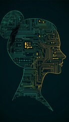 Silhouette of a Businesswoman Merging with Digital Circuitry, Representing Technological Innovation.