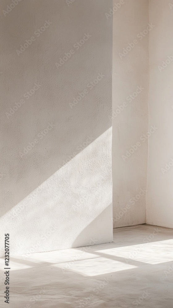 Poster Delicate rays of sunlight filter through an unseen window, casting soft shadows on the pristine white plaster wall, evoking a sense of calm and purity within the space