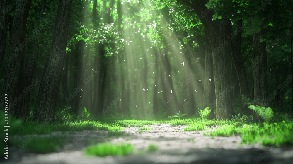 Poster sunbeams filtering through the trees in a magical forest illuminate white butterflies gracefully flu